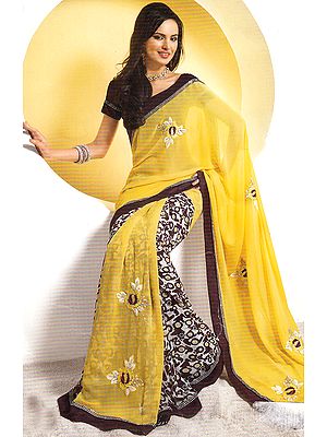 Yellow and Raisin Designer Sari with Modern Print and Embroidered Flowers
