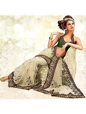 Light-Green Bridal Sari with Patch-work and Embroidered Sequins