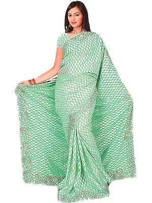 Vivid-Green Printed Sari with Shimmering Paisleys and Floral Embroidery