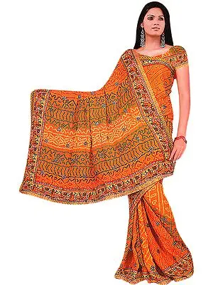 Amber Printed Bandhani Sari with Dandiya Dance on Border