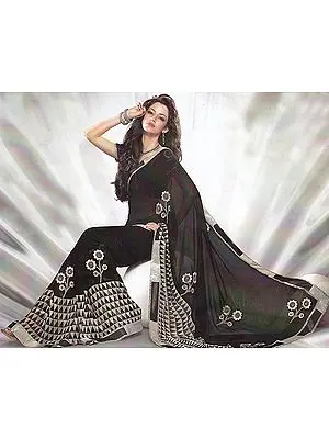 Black Printed Sari with Patch Border and Floral Embroidery