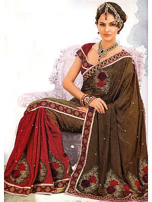Brown and Burgundy Wedding Sari with Patch Border and Embroidered Roses