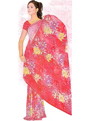 Flush-Coral Floral Printed Sari with Aari Embroidery