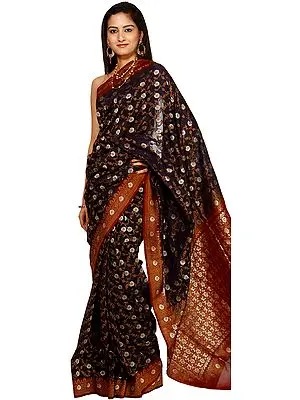 Black and Maroon Jamdani Banarasi Sari with Hand-Woven Flowers All-Over