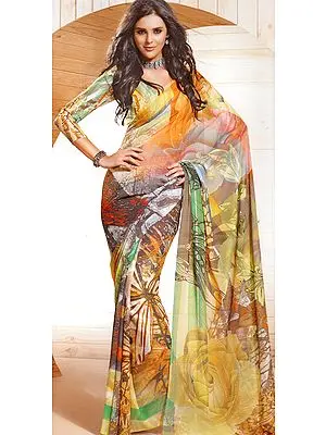 Multi-Color Printed Sari with Large Rose on Pallu