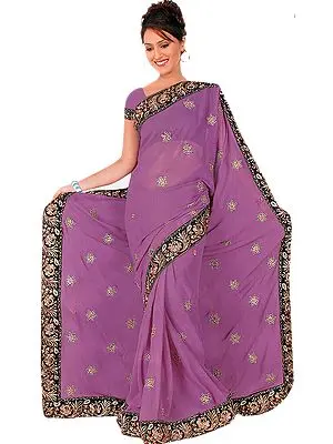 Patrician-Purple Sari with Embroidered Bootis and Patch Border