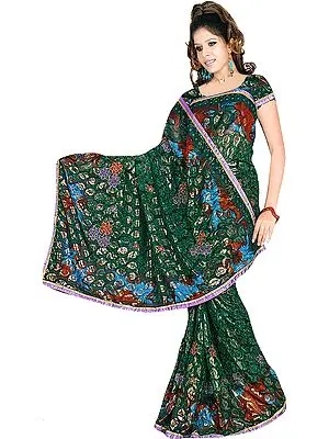 Green Printed Shimmering Sari with Embroidered Flowers and Paisleys All-Over
