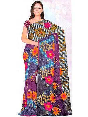 Multi-Color Sari with Printed Flowers and Embroidery