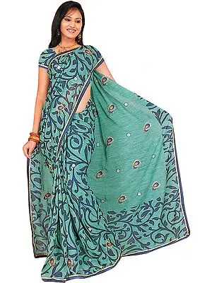 Deep-Grass Green Printed Sari with Embroidered Sequins