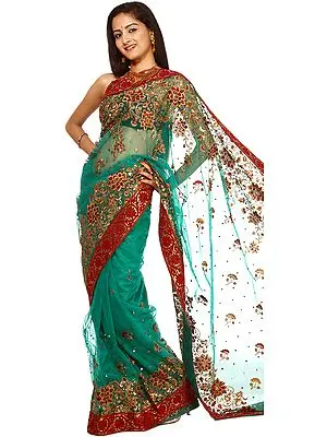 Sea-Green Sari with Floral Embroidery and Brocaded Patch Border