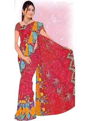 Red Floral Printed Sari with Bead Work and White Strikes