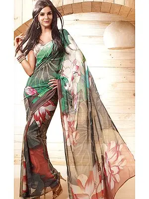 Multi-Color Designer Sari with Large Printed Flowers