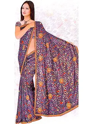 Mazarine-Blue Printed Sari with Sequins and Aari Embroidery