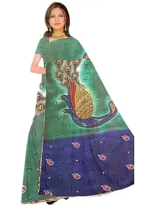 Green and Blue Sari with Printed Peacock on Aanchal