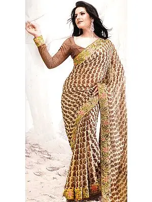 Beige Designer Sari with Paisleys Printed All-Over and Floral Patch Border