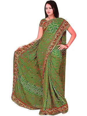 Green Bandhani Printed Sari with Sequins and  Dandiya Dance on Border
