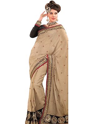 Beige Wedding  Sari with All-Over Embroidered Flowers and Sequined Border