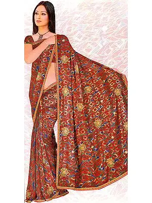 Jester-Red Shimmer Sari with Self Weave and Embroidered Flowers