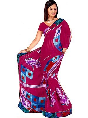 Purple Sari with Large Printed Flowers and Patch Border