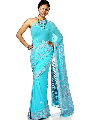 Azure Chikan Sari From Lucknow with Hand Embroidery All-Over