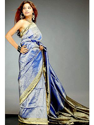 Sapphire Blue Tanchoi Sari with All-Over Jamdani Golden Thread Weave