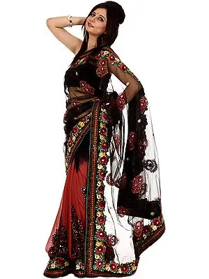 Black and Cordovan Designer Sari with Parsi Embroidered Flowers and Sequins