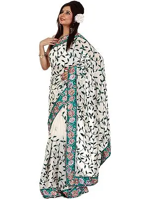 Winter-White Wedding Sari with Parsi Embroidered Roses and Jaal Embroidery