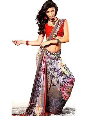 Multi-Color Sari with Digital Modern Print
