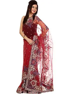 Chestnut Designer Sari with Embroidered Bootis in Metallic Thread