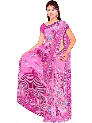 Mauve and Purple Sari with Printed Flowers and Thread Work
