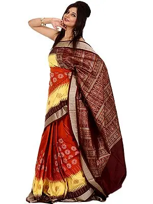 Tri-Color Designer Bomkai Saree with Woven Flowers and Rudraksha Border