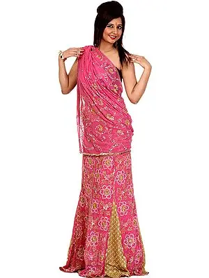 Pink and Khaki Designer Lehenga Sari with Sequins Embroidered as Flowers