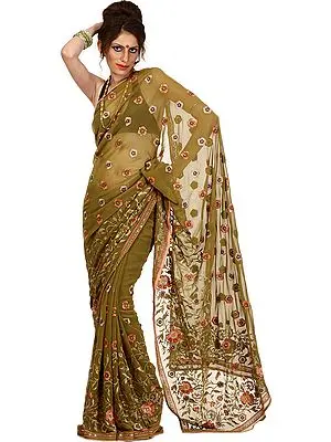 Ecru-Olive Green Sari with Parsi Embroidered Flowers and Sequins