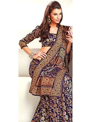 Navy-Blue Brocaded Sari with Embroidered Flowers and Sequins