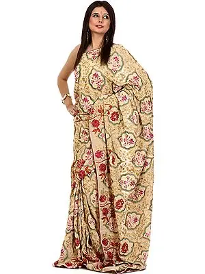 Beige Designer Jamdani Sari with Dense Heavy Embroidery All-Over