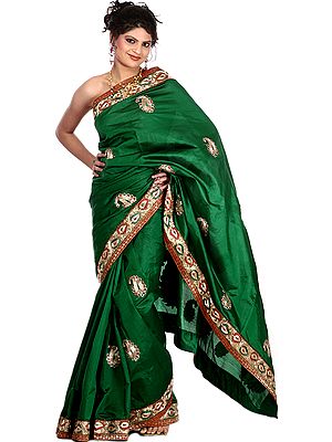 Islamic-Green Banarasi Sari with Metallic Thread Embroidered Paisleys and Patch Border