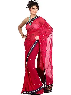Purple Designer Sari with Metallic Thread Embroidery and Floral Patch Border