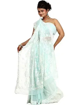 Fair-Aqua Sari From Lucknow with Chikan Embroidered Flowers All-Over