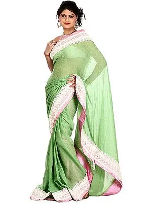 English-Ivy Green and Pink Designer Sari with Mokaish Work Crochet Border