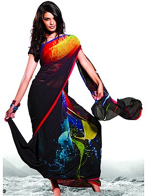 Black-Ink Designer Sari with Modern Print