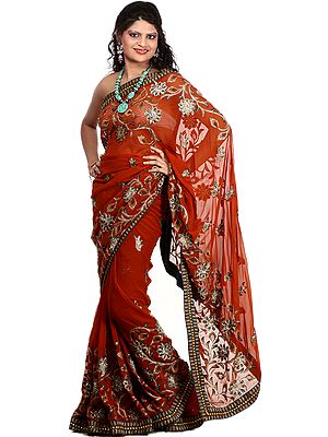 Bombay-Brown Designer Sari with Golden Thread Embroidered Flowers, Beads and Patch Border