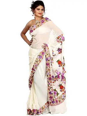Ivory Sari from Kashmir with Aari Embroidered Flowers on Border and Aanchal