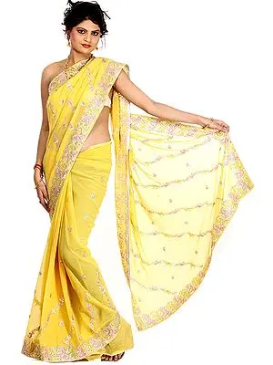 Daffodil-Yellow Designer Sari with Multi-Color Embroidered Paisleys and Sequins