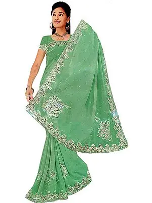 Cabbage-Green Designer Sari with All-Over Metallic Thread Embroidery and Sequins
