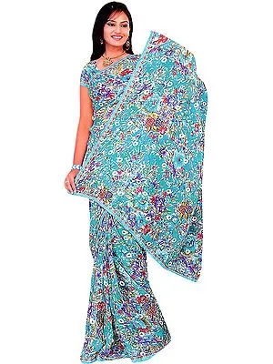Multi-Color Sari with Embroidered Flowers and Sequins