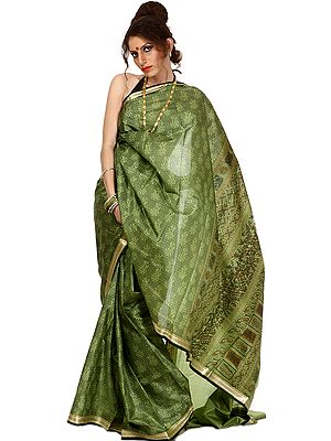 Green Suryani Printed Sari with Golden Woven Border