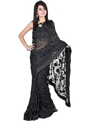 Phantom-Black Designer Sari with All-Over Thread Embroidery and Floral Patch Border