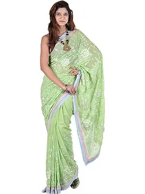 Zephyr-Green Sari with Embroidered Flowers in Self and Contrasting Patch Border
