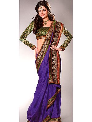 Deep-Blue Wedding Sari with Beaded and Embroidered Patch Border