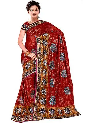 Jester-Red Sari with Crewel Embroidered Flowers and Gota Border